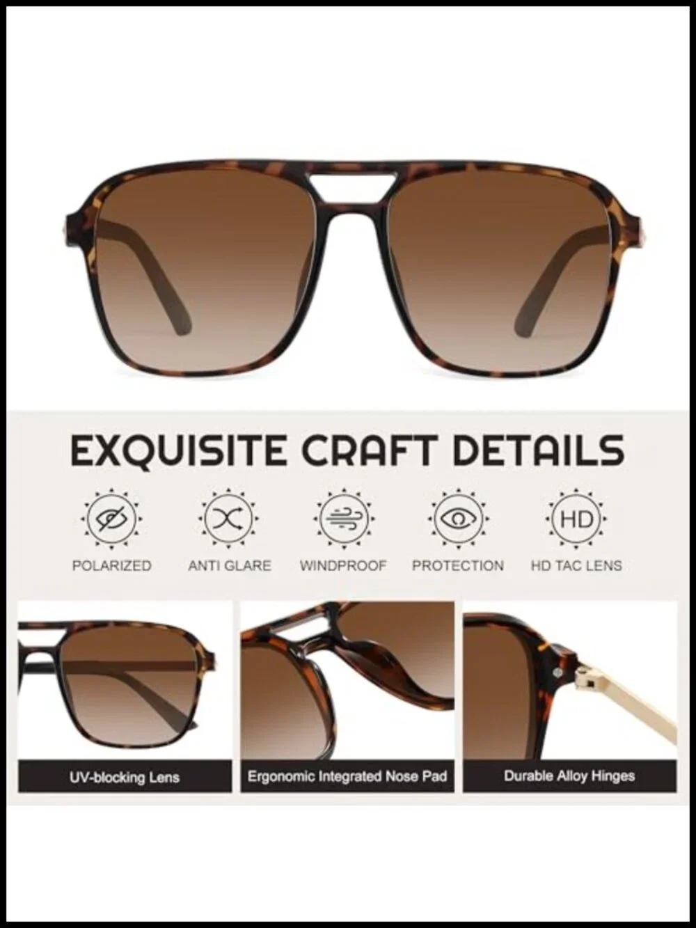 Retro Aviator Polarized Sunglasses UV Protection Lightweight Metal Frame